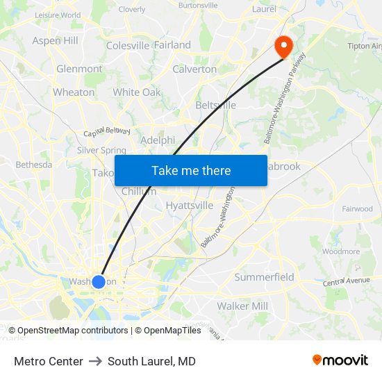 Metro Center to South Laurel, MD map