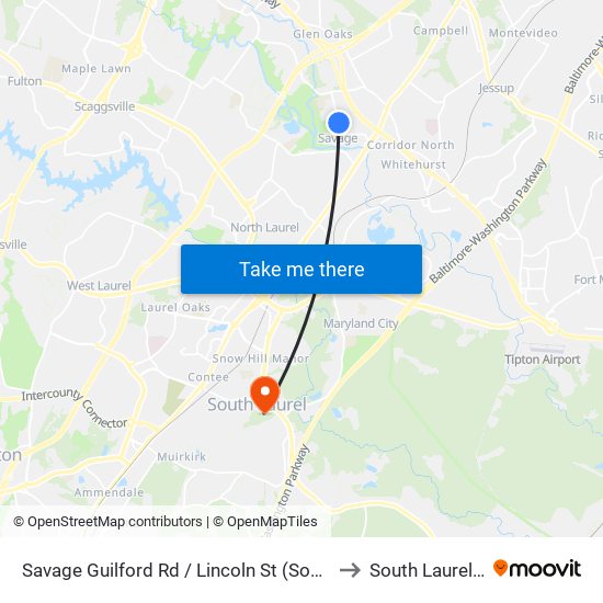 Savage Guilford Rd / Lincoln St (Southbound) to South Laurel, MD map