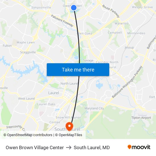 Owen Brown Village Center to South Laurel, MD map