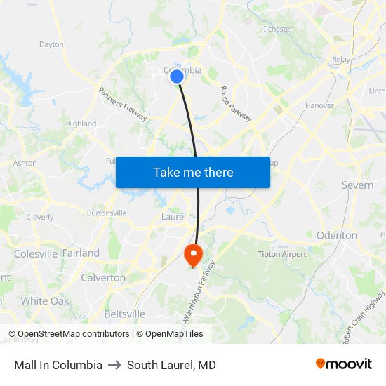 Mall In Columbia to South Laurel, MD map