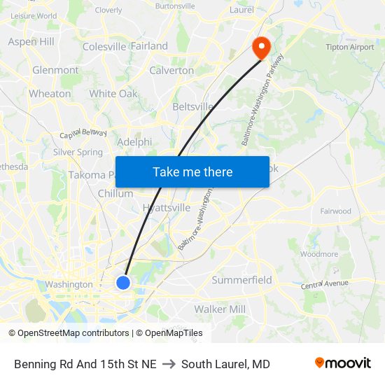 Benning Rd And 15th St NE to South Laurel, MD map