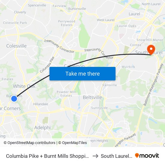 Columbia Pike + Burnt Mills Shopping Center to South Laurel, MD map