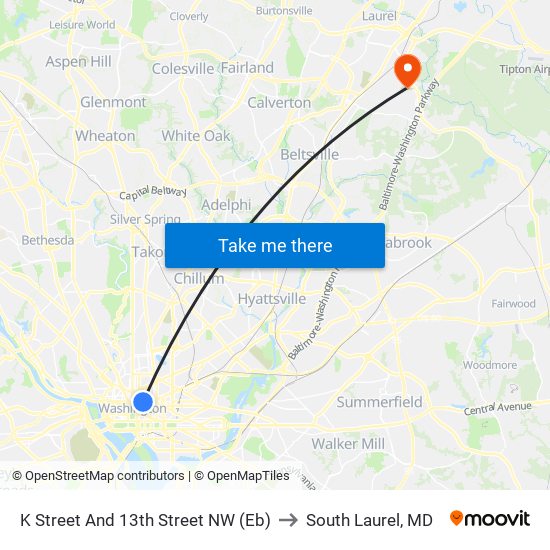 K Street And 13th Street NW (Eb) to South Laurel, MD map