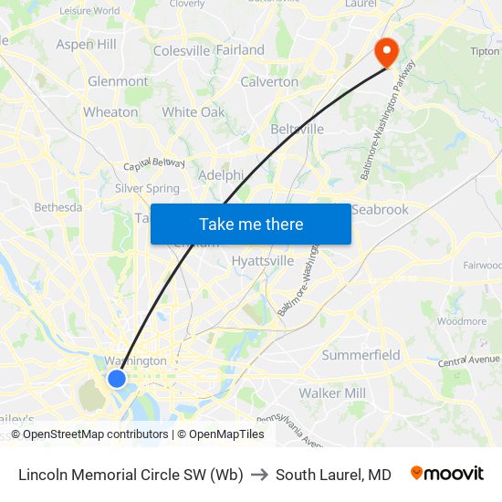 Lincoln Memorial Circle SW (Wb) to South Laurel, MD map