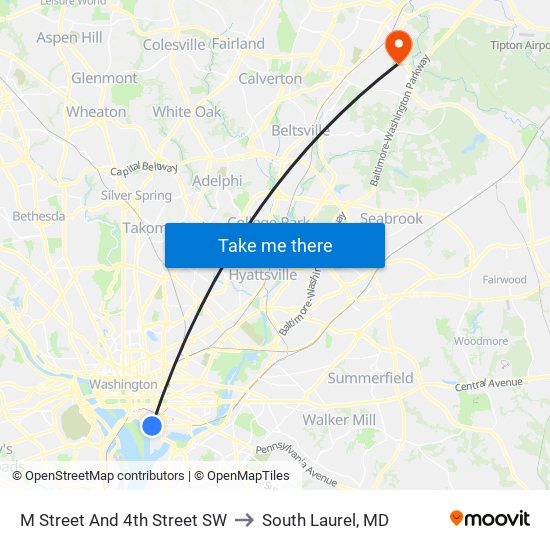 M Street And 4th Street SW to South Laurel, MD map