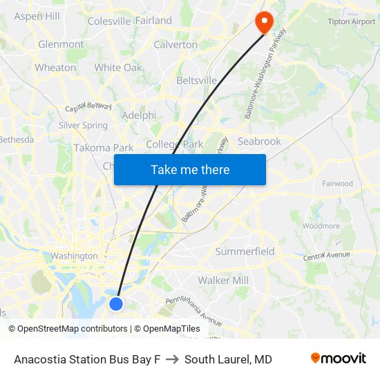 Anacostia Station Bus Bay F to South Laurel, MD map