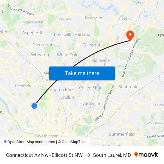 Connecticut Av Nw+Ellicott St NW to South Laurel, MD map