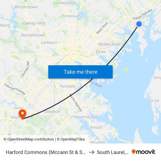 Harford Commons (Mccann St & Starr St) to South Laurel, MD map