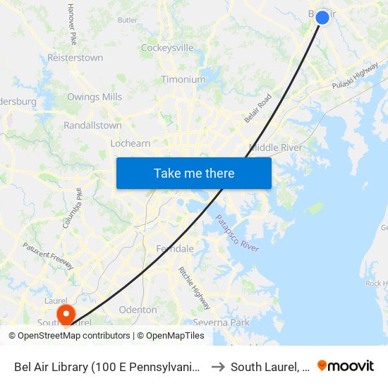 Bel Air Library (100 E Pennsylvania Ave) to South Laurel, MD map