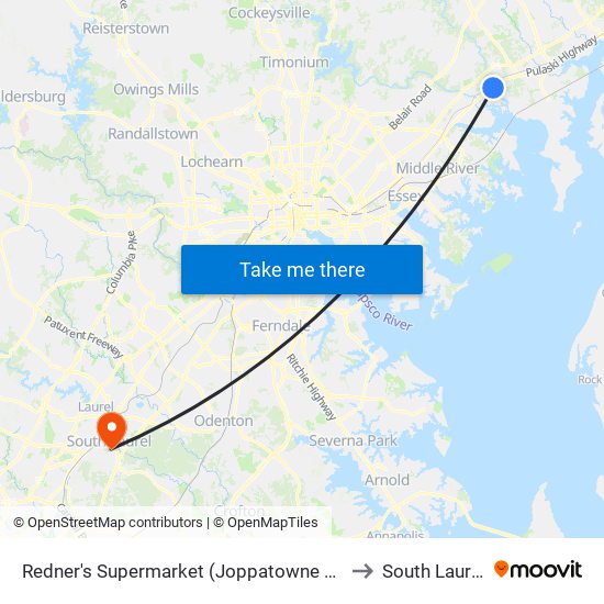 Redner's Supermarket (Joppatowne Shopping Plaza) to South Laurel, MD map