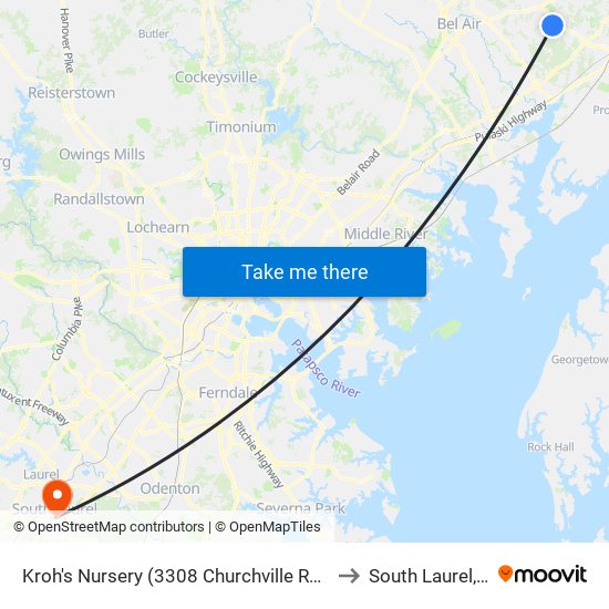 Kroh's Nursery  (3308 Churchville Rd/Rt 22) to South Laurel, MD map