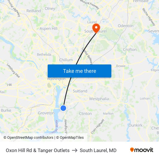 Oxon Hill Rd & Tanger Outlets to South Laurel, MD map