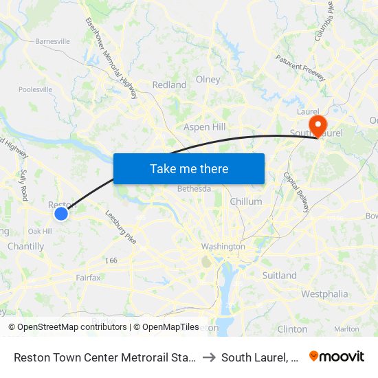 Reston Town Center Metrorail Station to South Laurel, MD map