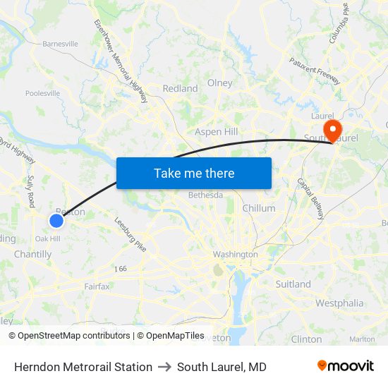 Herndon Metrorail Station to South Laurel, MD map