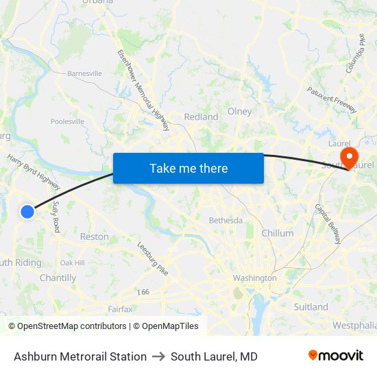 Ashburn Metrorail Station to South Laurel, MD map