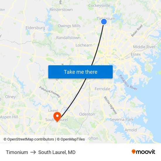 Timonium to South Laurel, MD map