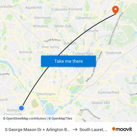 S George Mason Dr + Arlington Blvd to South Laurel, MD map