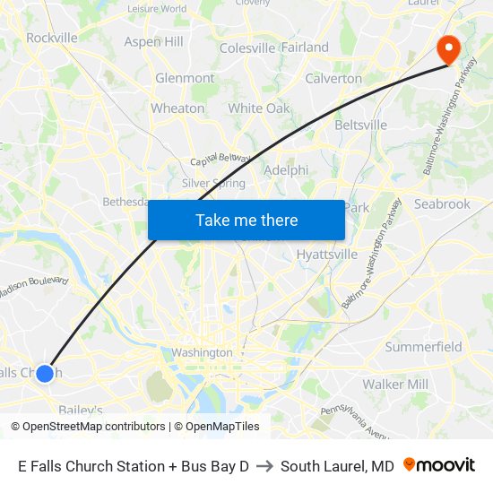 E Falls Church Station + Bus Bay D to South Laurel, MD map