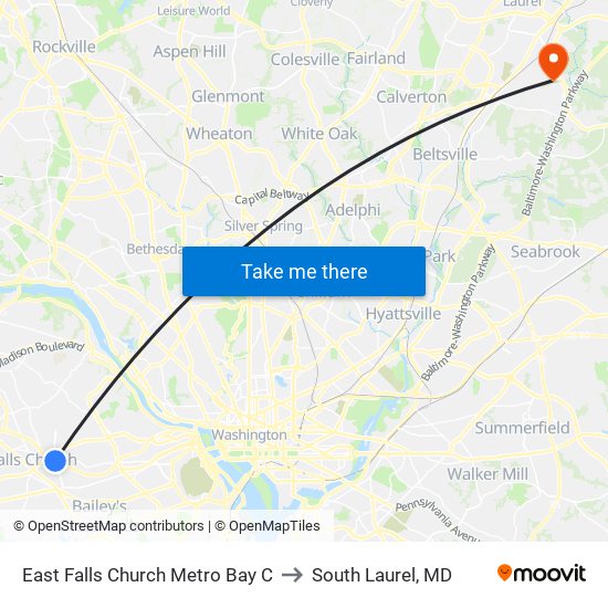 East Falls Church Metro Bay C to South Laurel, MD map