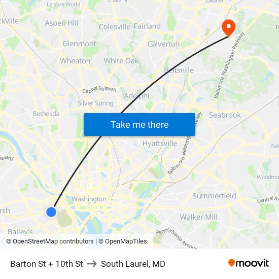 Barton St + 10th St to South Laurel, MD map