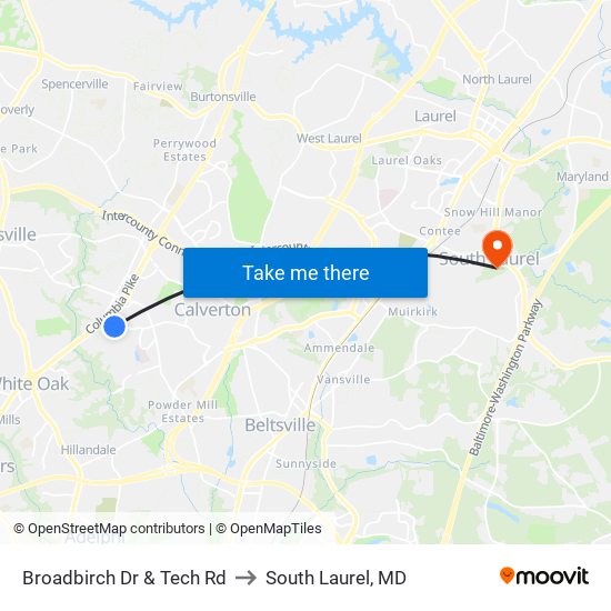 Broadbirch Dr & Tech Rd to South Laurel, MD map