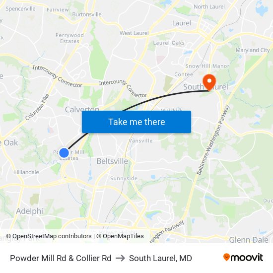 Powder Mill Rd & Collier Rd to South Laurel, MD map