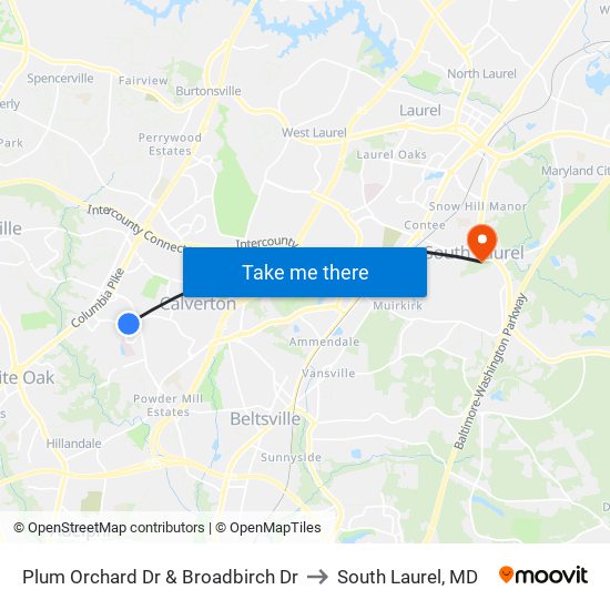 Plum Orchard Dr & Broadbirch Dr to South Laurel, MD map