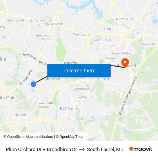 Plum Orchard Dr + Broadbirch Dr to South Laurel, MD map