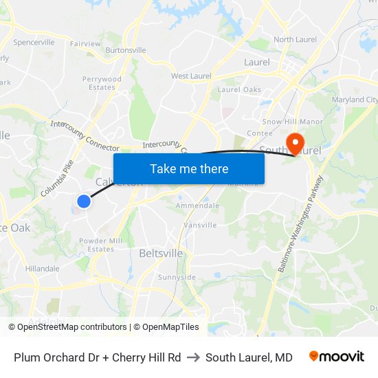 Plum Orchard Dr + Cherry Hill Rd to South Laurel, MD map