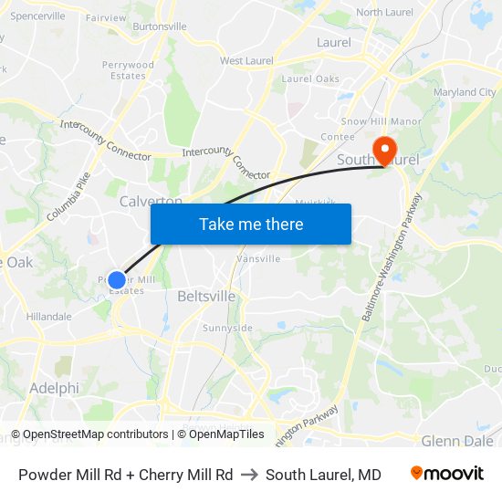 Powder Mill Rd + Cherry Mill Rd to South Laurel, MD map