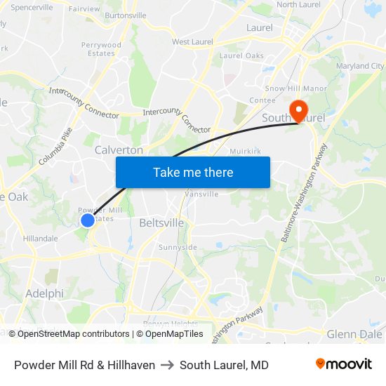 Powder Mill Rd & Hillhaven to South Laurel, MD map