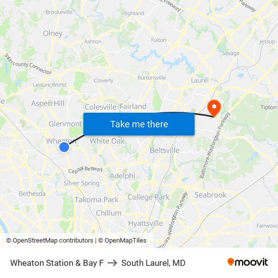 Wheaton Station & Bay F to South Laurel, MD map