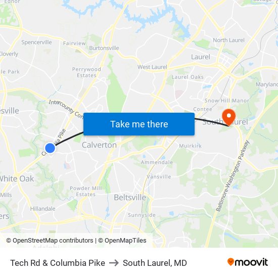 Tech Rd & Columbia Pike to South Laurel, MD map