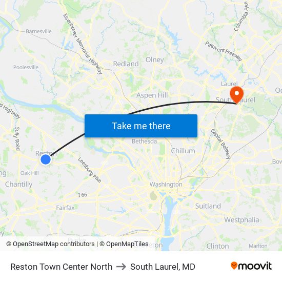 Reston Town Center North to South Laurel, MD map