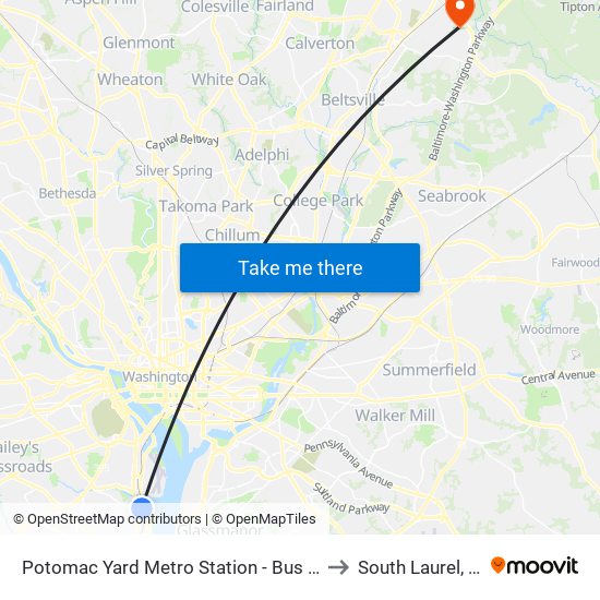 Potomac Yard Metro Station - Bus Bay A to South Laurel, MD map