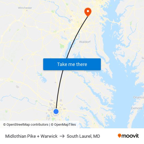 Midlothian Pike + Warwick to South Laurel, MD map