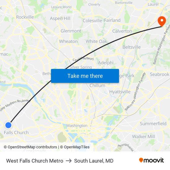 West Falls Church Metro to South Laurel, MD map