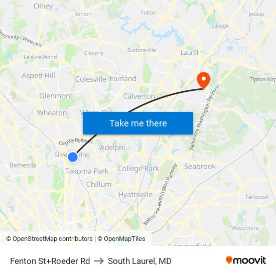 Fenton St+Roeder Rd to South Laurel, MD map