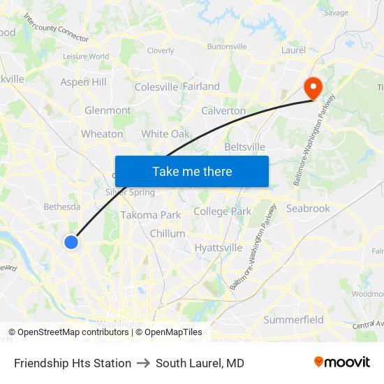 Friendship Hts Station to South Laurel, MD map