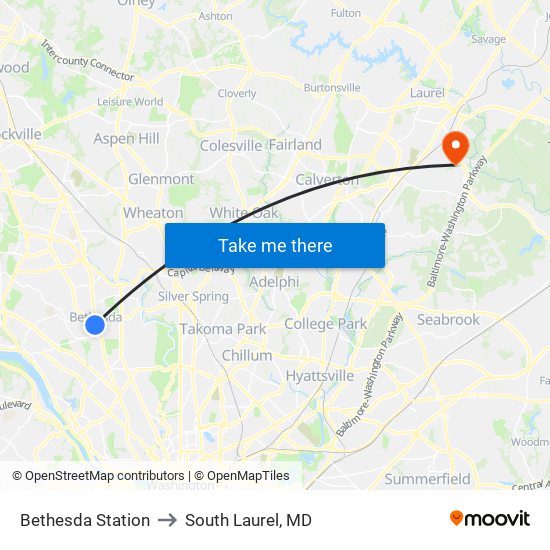 Bethesda Station to South Laurel, MD map