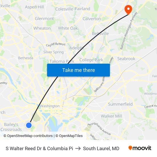 S Walter Reed Dr & Columbia Pi to South Laurel, MD map