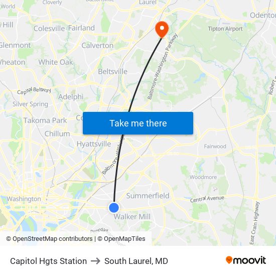 Capitol Hgts Station to South Laurel, MD map