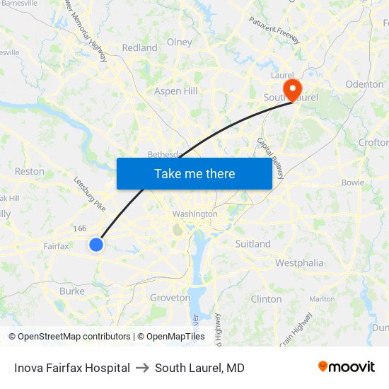 Inova Fairfax Hospital to South Laurel, MD map