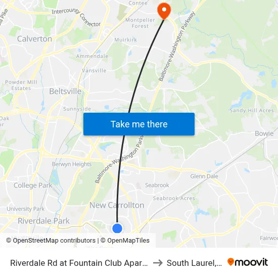 Riverdale Rd at Fountain Club Apartments to South Laurel, MD map