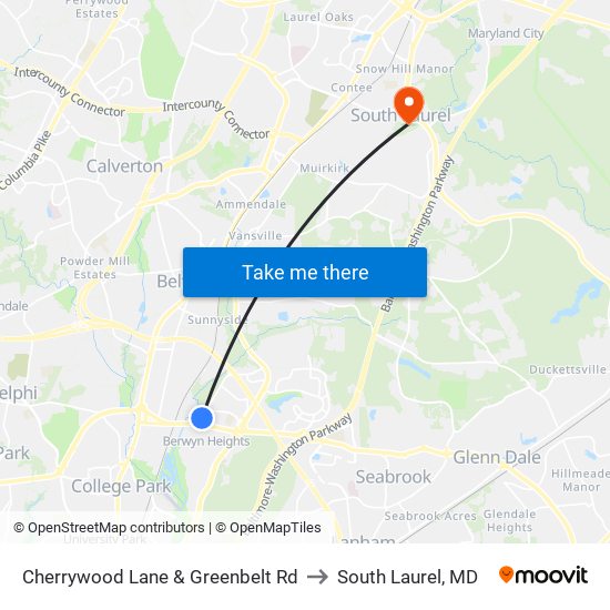 Cherrywood Lane & Greenbelt Rd to South Laurel, MD map