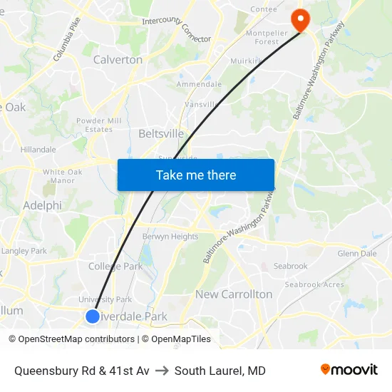 Queensbury Rd & 41st Av to South Laurel, MD map