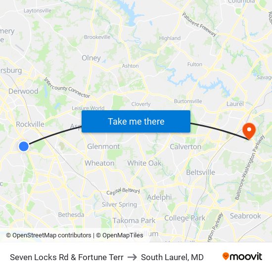 Seven Locks Rd & Fortune Terr to South Laurel, MD map