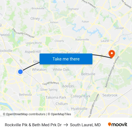 Rockville Pik & Beth Med Prk Dr to South Laurel, MD map