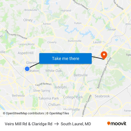 Veirs Mill Rd & Claridge Rd to South Laurel, MD map