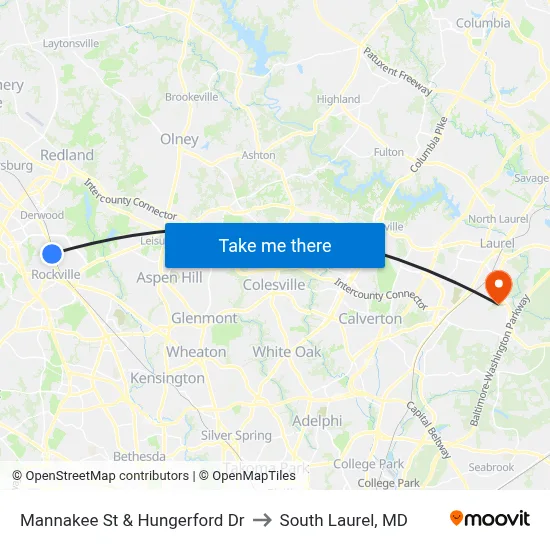 Mannakee St & Hungerford  Dr to South Laurel, MD map